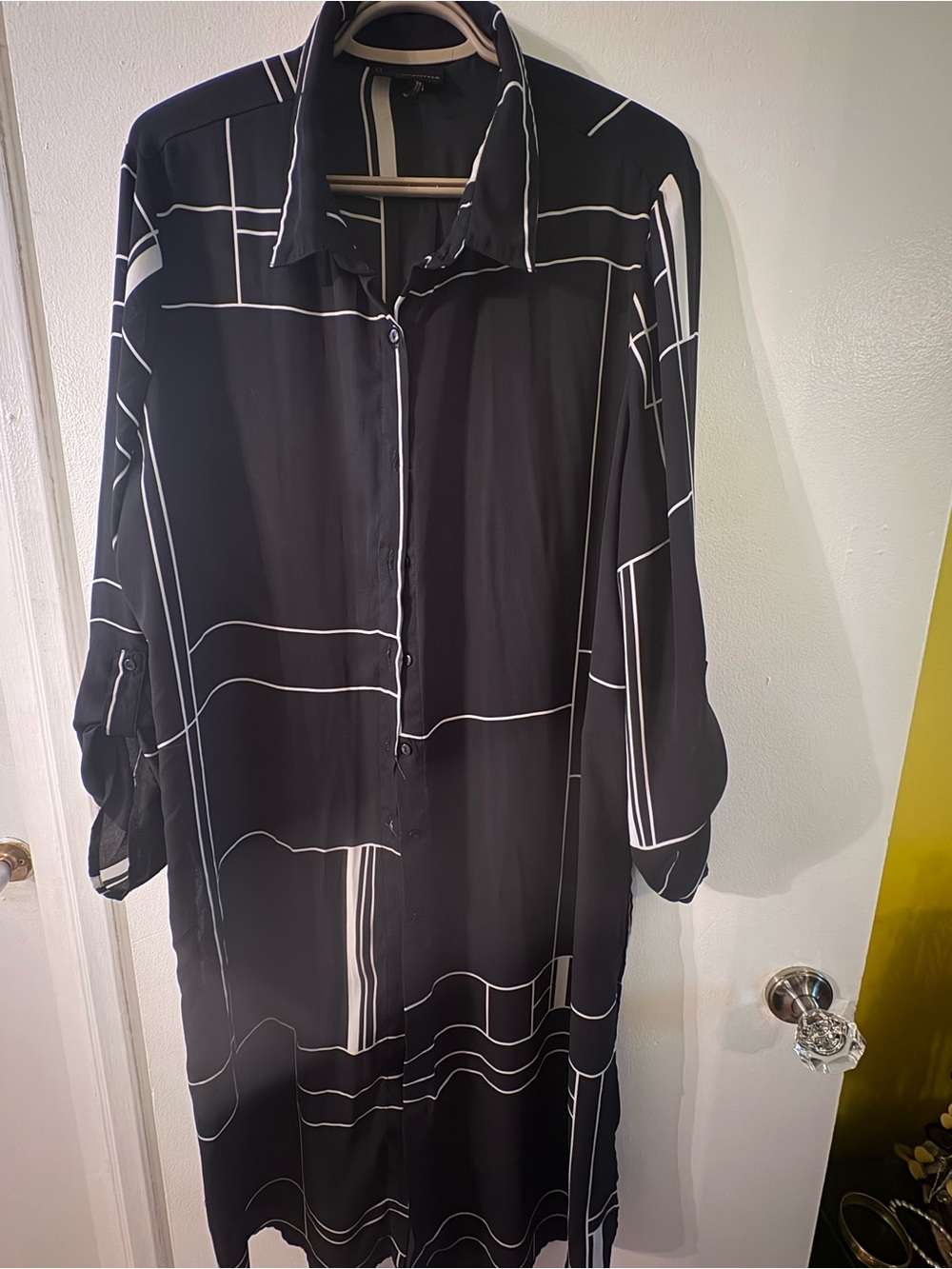 Black & White Sheer Geometric Button-Down Shirt Dress